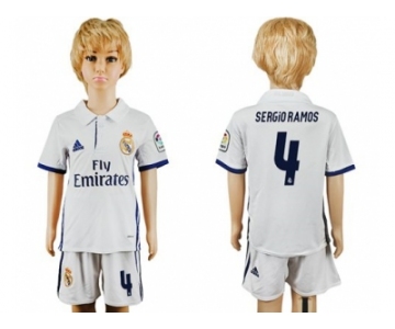 Real Madrid #4 Sergio Ramos White Home Kid Soccer Club Jersey1