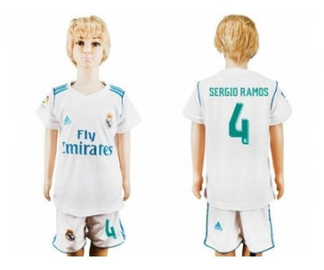 Real Madrid #4 Sergio Ramos White Home Kid Soccer Club Jersey