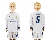 Real Madrid #5 Varane Home Long Sleeves Kid Soccer Club Jersey