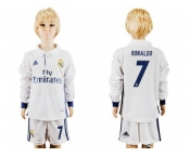 Real Madrid #7 Ronaldo Home Long Sleeves Kid Soccer Club Jersey