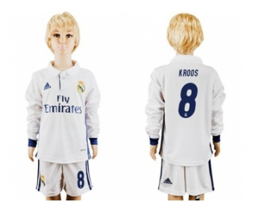 Real Madrid #8 Kroos Home Long Sleeves Kid Soccer Club Jersey