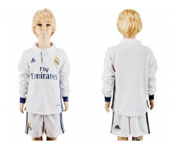 Real Madrid Blank Home Long Sleeves Kid Soccer Club Jersey