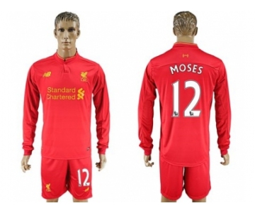 Liverpool #12 Moses Home Long Sleeves Soccer Club Jersey