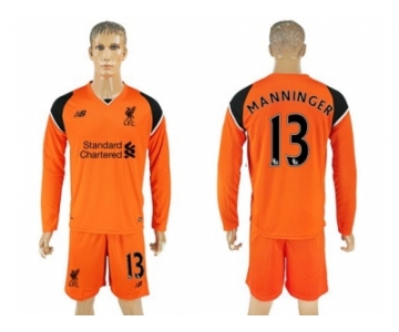 Liverpool #13 Manninger Orange Goalkeeper Long Sleeves Soccer Club Jersey