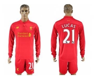 Liverpool #21 Lucas Home Long Sleeves Soccer Club Jersey1