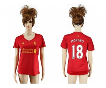 Women's Liverpool #18 Moreno Red Home Soccer Club Jersey