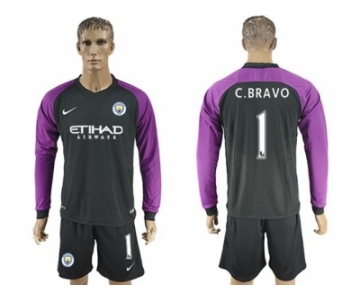 Manchester City #1 C.Bravo Black Goalkeeper Long Sleeves Soccer Club Jersey