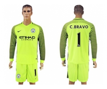 Manchester City #1 C.Bravo Green Goalkeeper Long Sleeves Soccer Club Jersey