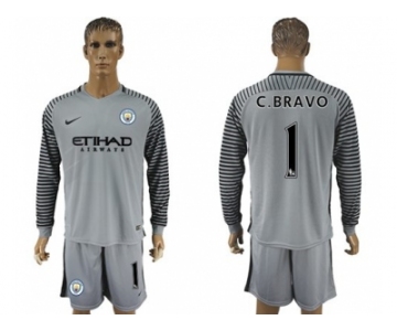 Manchester City #1 C.Bravo Grey Goalkeeper Long Sleeves Soccer Club Jersey