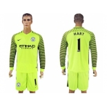 Manchester City #1 Hart Shiny Green Goalkeeper Long Sleeves Soccer Club Jersey