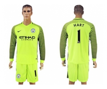 Manchester City #1 Hart Shiny Green Goalkeeper Long Sleeves Soccer Club Jersey