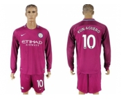 Manchester City #10 Kun Aguero Away Long Sleeves Soccer Club Jersey