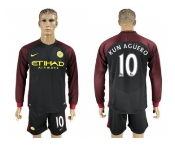 Manchester City #10 Kun Aguero Away Long Sleeves Soccer Club Jersey