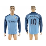 Manchester City #10 Kun Aguero Home Long Sleeves Soccer Club Jersey1