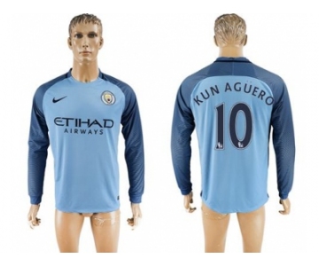 Manchester City #10 Kun Aguero Home Long Sleeves Soccer Club Jersey1