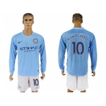 Manchester City #10 Kun Aguero Home Long Sleeves Soccer Club Jersey