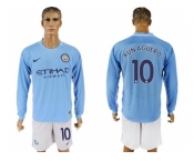 Manchester City #10 Kun Aguero Home Long Sleeves Soccer Club Jersey