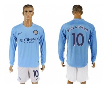 Manchester City #10 Kun Aguero Home Long Sleeves Soccer Club Jersey