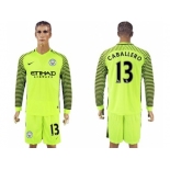 Manchester City #13 Caballero Shiny Green Goalkeeper Long Sleeves Soccer Club Jersey