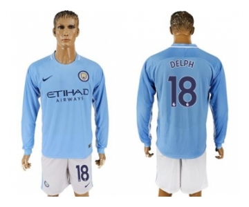 Manchester City #18 Delph Home Long Sleeves Soccer Club Jersey