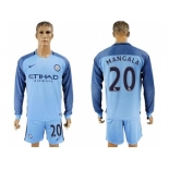 Manchester City #20 Mangala Home Long Sleeves Soccer Club Jersey