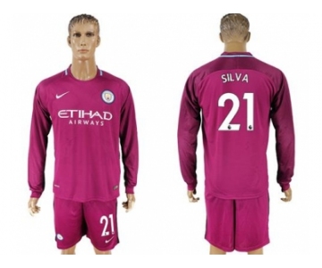 Manchester City #21 Silva Away Long Sleeves Soccer Club Jersey