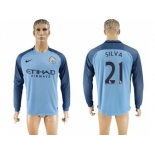 Manchester City #21 Silva Home Long Sleeves Soccer Club Jersey1