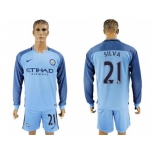 Manchester City #21 Silva Home Long Sleeves Soccer Club Jersey