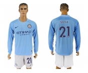 Manchester City #21 Silva Home Long Sleeves Soccer Club Jersey