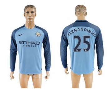 Manchester City #25 Fernandinho Home Long Sleeves Soccer Club Jersey1