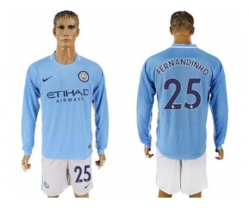 Manchester City #25 Fernandinho Home Long Sleeves Soccer Club Jersey