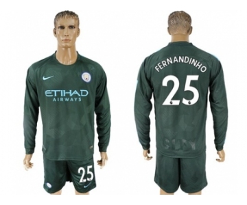 Manchester City #25 Fernandinho Sec Away Long Sleeves Soccer Club Jersey