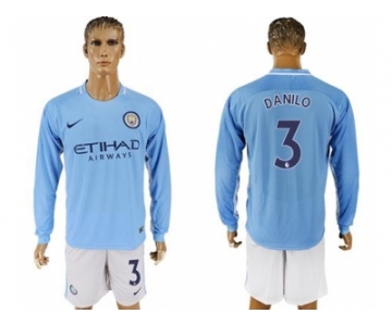 Manchester City #3 Danilo Home Long Sleeves Soccer Club Jersey