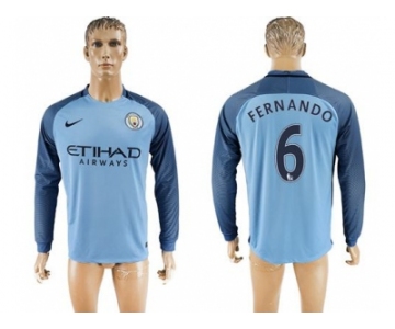 Manchester City #6 Fernando Home Long Sleeves Soccer Club Jersey1