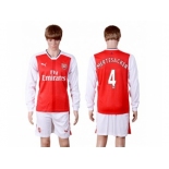 Arsenal #4 Mertesacker Red Home Long Sleeves Soccer Club Jersey