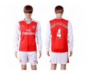 Arsenal #4 Mertesacker Red Home Long Sleeves Soccer Club Jersey