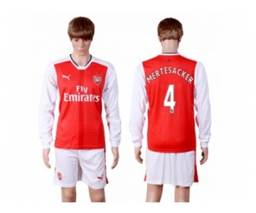 Arsenal #4 Mertesacker Red Home Long Sleeves Soccer Club Jersey