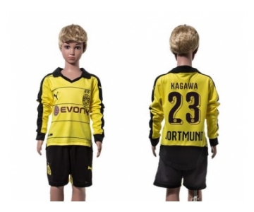 Dortmund #23 Kagawa Home Long Sleeves Kid Soccer Club Jersey