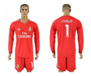 Real Madrid #1 I Casillas Red Goalkeeper Long Sleeves Soccer Club Jersey