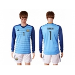 Argentina #1 Romero Blue Goalkeeper Long Sleeves Soccer Country Jersey