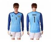 Argentina #1 Romero Blue Goalkeeper Long Sleeves Soccer Country Jersey