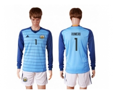 Argentina #1 Romero Blue Goalkeeper Long Sleeves Soccer Country Jersey