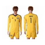 Argentina #1 Romero Yellow Goalkeeper Long Sleeves Soccer Country Jersey