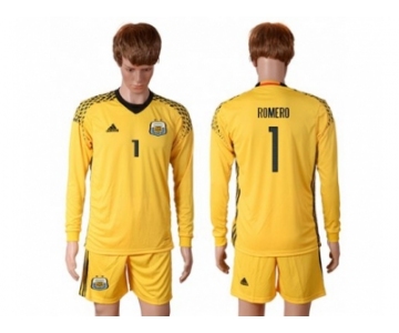 Argentina #1 Romero Yellow Goalkeeper Long Sleeves Soccer Country Jersey