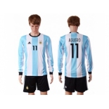 Argentina #11 Aguero Home Long Sleeves Soccer Country Jersey