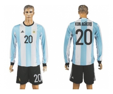 Argentina #20 Kun Aguero Home Long Sleeves Soccer Country Jersey