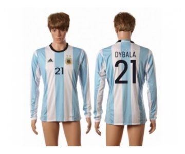 Argentina #21 Dybala Home Long Sleeves Soccer Country Jersey