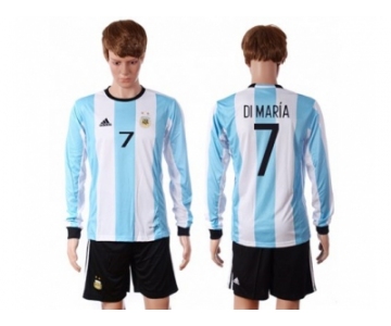 Argentina #7 Di Maria Home Long Sleeves Soccer Country Jersey