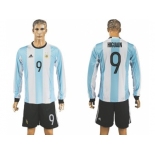 Argentina #9 Higuaín Home Long Sleeves Soccer Country Jersey1