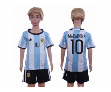 Argentina #10 Maradona Home Kid Soccer Country Jersey